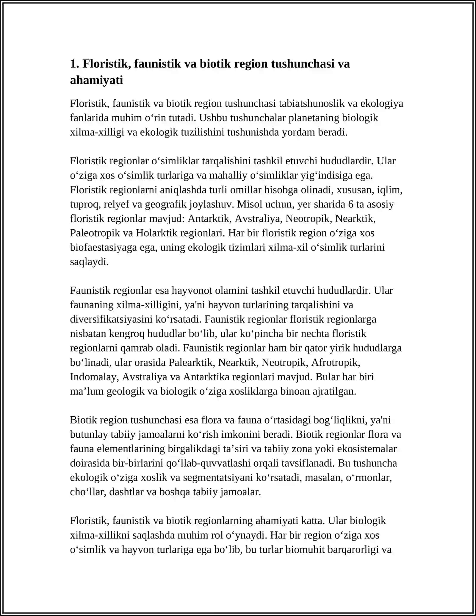 FLORISTIK, FAUNISTIK VA BIOTIK REGIONLAR AJRATISH PRINSIPLARI VA ULARNING TARTIBI 4