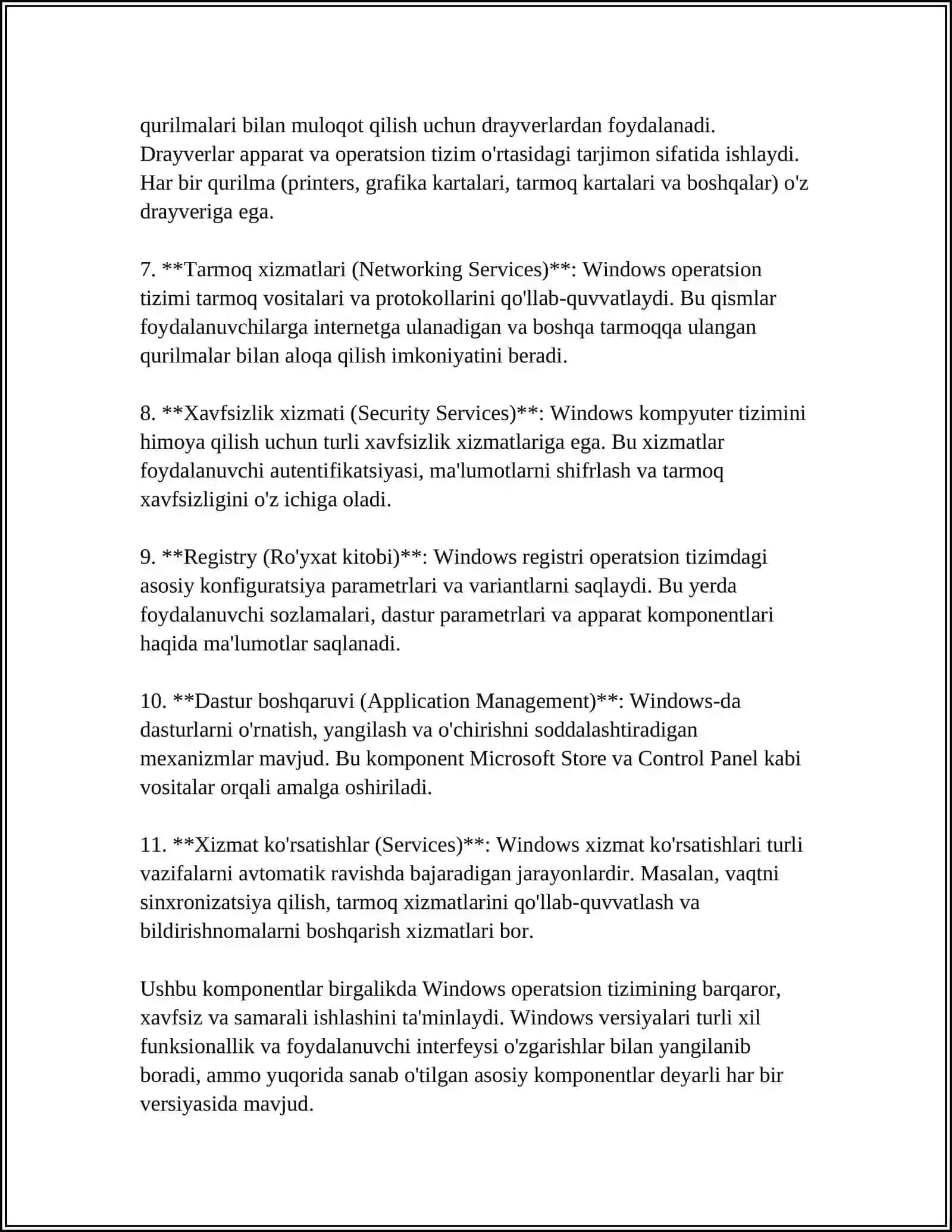 WINDOWA OPERATSION TIZIMIDA ISHLASH ASOSLARI. WINDOWS OPERATION SISTEEMADINING BAZAVIY OB'EKTLARI BILAN ISHLASH 4