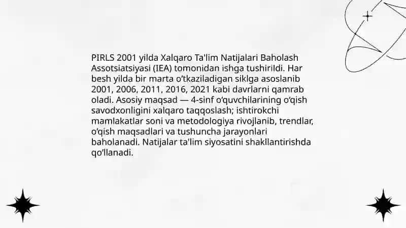 PIRLS xalqaro baholash dasturi mazmuni va mohiyati 4