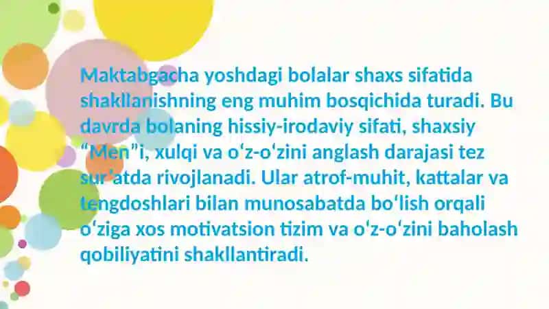 Maktabgacha yoshdagi bolalarda xulq motivlarining rivojlanishi va oʻziga baho berishi shakllanishi 4