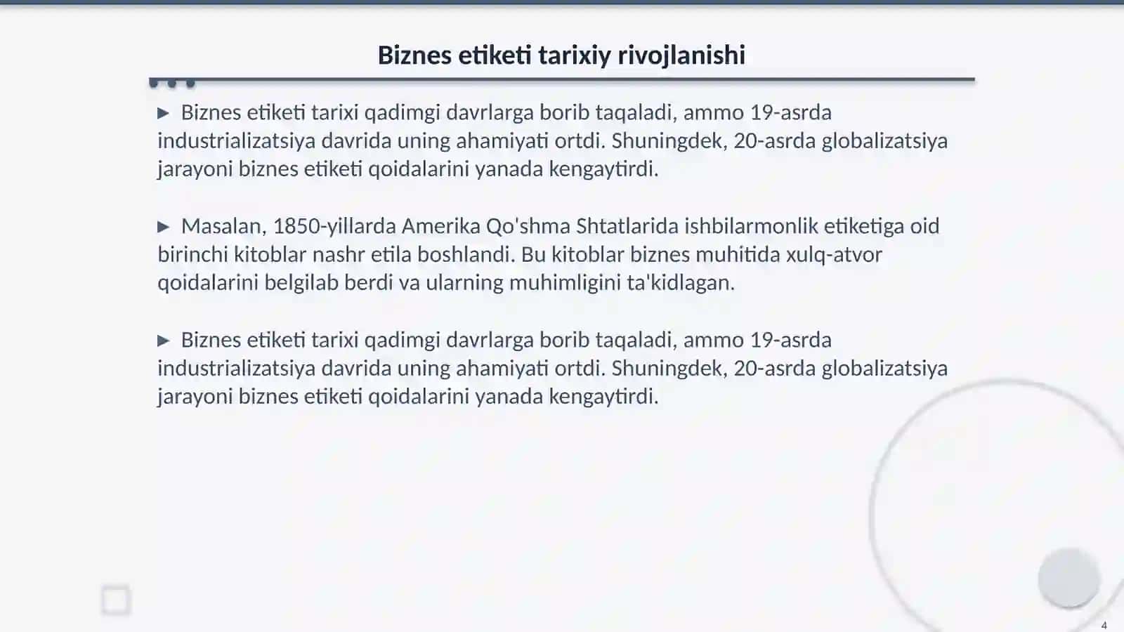 Biznes etiketi tarixi va tamoyillari 4
