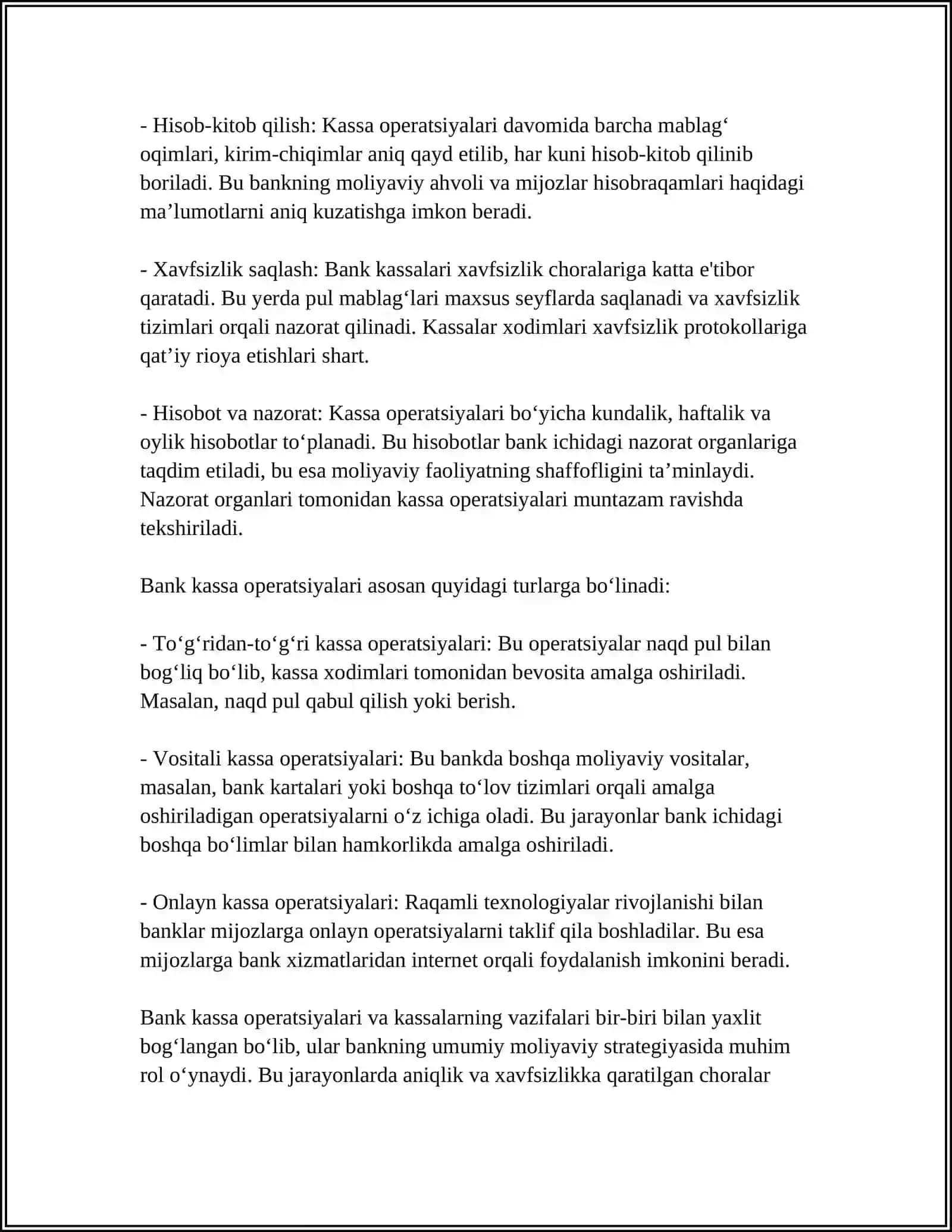 BANKLARDA KASSA OPERATSIYALARINI TASHKIL QILISH,BANK KASSALARINING TURLARI 4