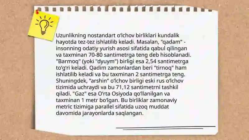 Miqdorlarning qadimiy va turli xalqlarga oid nostandart oʻlchov birliklari haqida malumot yigʻish. Miqdorlarning etalon birliklari kelib chiqishi va saqlanishi haqida malumotlar topish 4