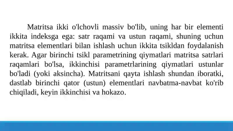 Massiv elementlarini tartiblashtirish. Matritsa maksimal, minimal elementlarini aniqlash algoritmi. Matritsalarni ko’paytirish dasturi.Amallar tartibini baholash 4
