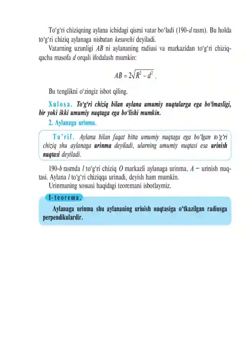 TOʻGʻRI CHIZIQ BILAN AYLANANING OʻZARO JOYLASHISHI AYLANAGA URINMA 4