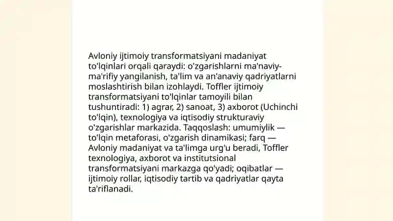Avloniyning "Madaniyat to'lqinlari? maqolasi va E.Tofflerning "Uchinchi to'lqin' asarini qiyosiy tahlil etish 4