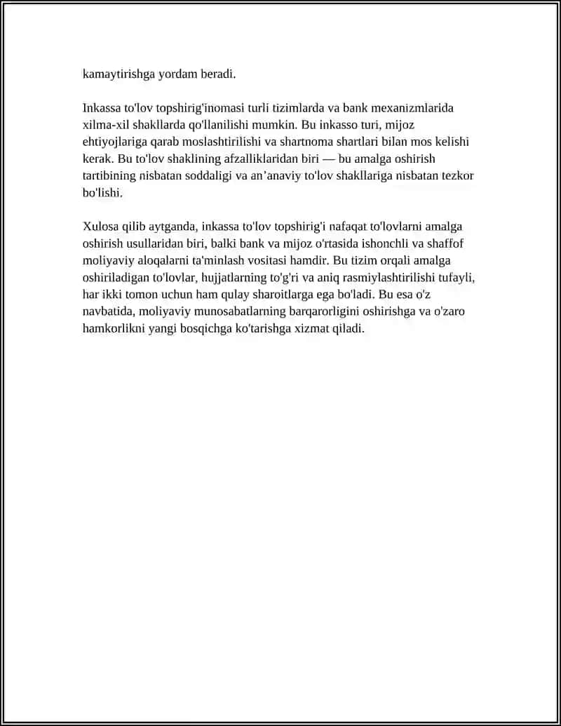 INKASSA TO’LOV TOPSHIRIQNOMASI HISOB-KITOBLARI, ULARNI RASMIYLASHTIRISH VA HISOBINI YURITISH 4