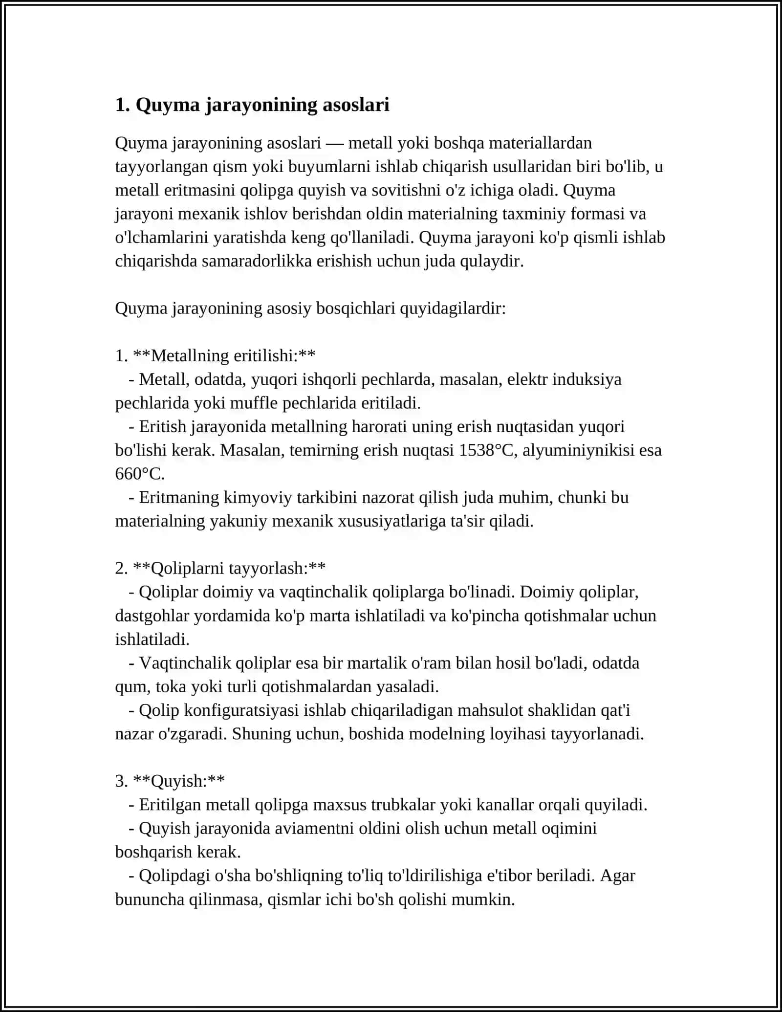 QUYMA KORLIKDA OLINADIGAN MAXSULOTLAR QUYMA KORLIK TEXNOLOGIYA VA MAXSUS USULARI BILAN TANISHISH 4
