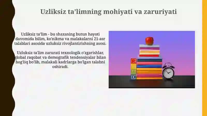 Uzluksiz taʼlim tizimining tarkibiy qismlari va bosqichlari 4