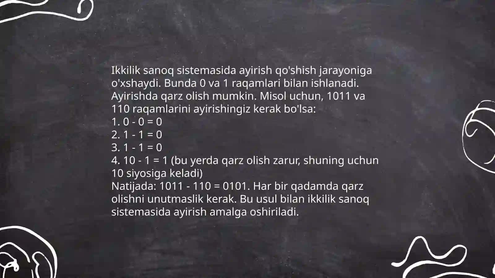 Ikkilik sanoq sistemasida amallar bajarish 4