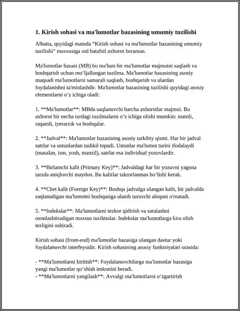 MIS ACCCESS MUHITIDAGI ERKIN MAYDONLARNING KADASTIR PASPORTI MALUMOTLAR BAZASIDAN ULARNING JOYLASHUVI FOYDALANISH BOYICHA TURLARI HAJMI VA PEREMETIRLAR BOYICHA MALUMOTLAR OLISH UCHUN SQL SOROVLAR TILIDA SOROV MATINLARINI TAYORLASH 4