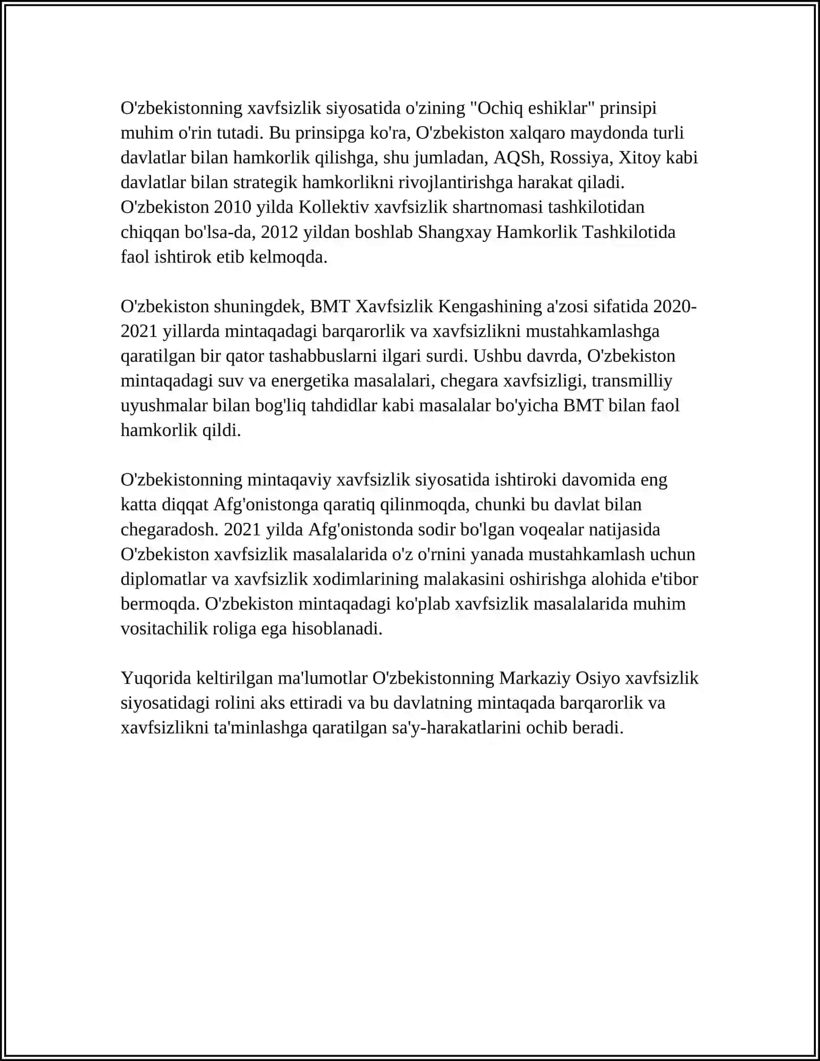 ÖZBEKISTONNING MARKAZIY OSIYODA TINCHLIK VA BARQARORLIKNI TAMINLASHDAGI ÖRNI 4