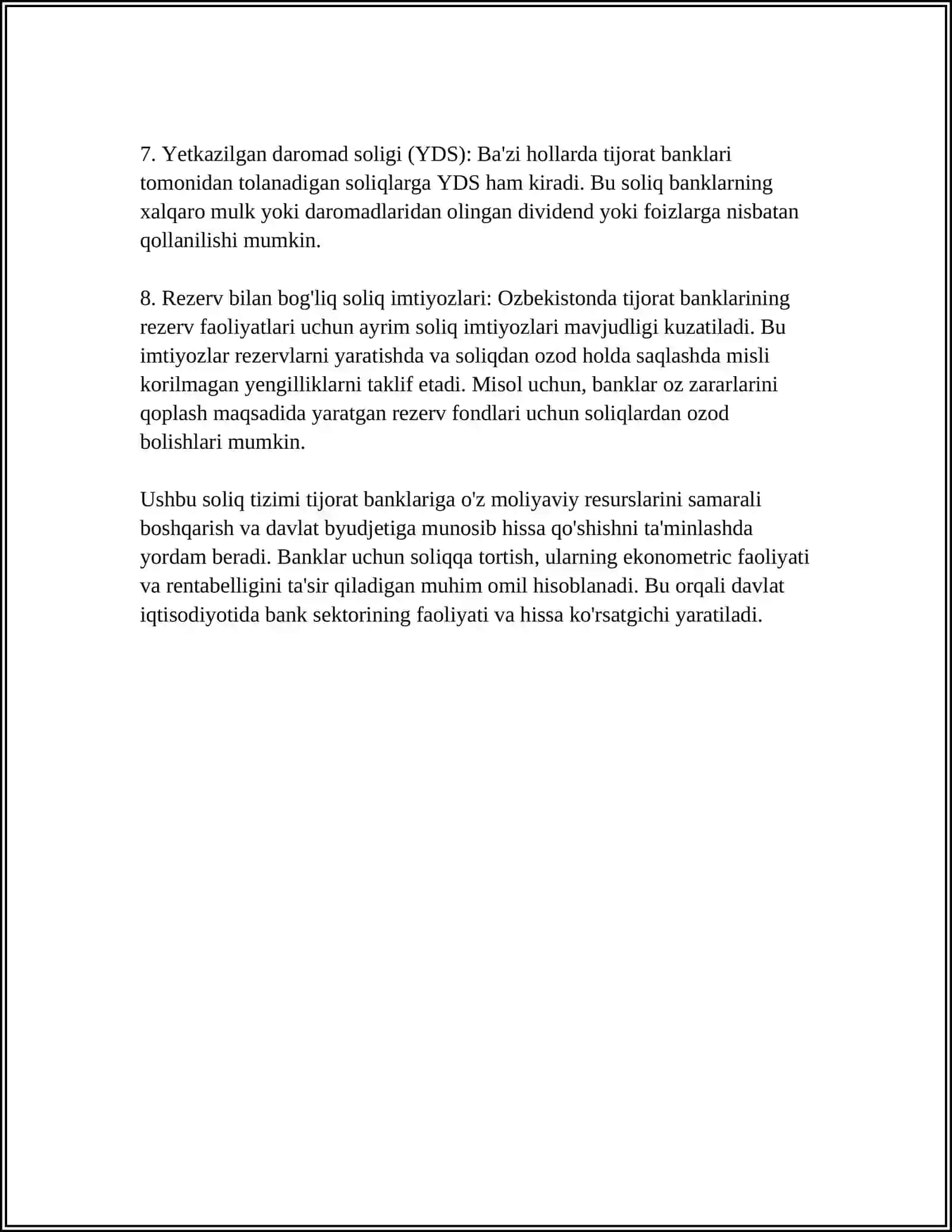 TIJORAT BANKLARINI SOLIQQA TORTISHNING OʻZIGA XOS XUSUSIYATLARI 4