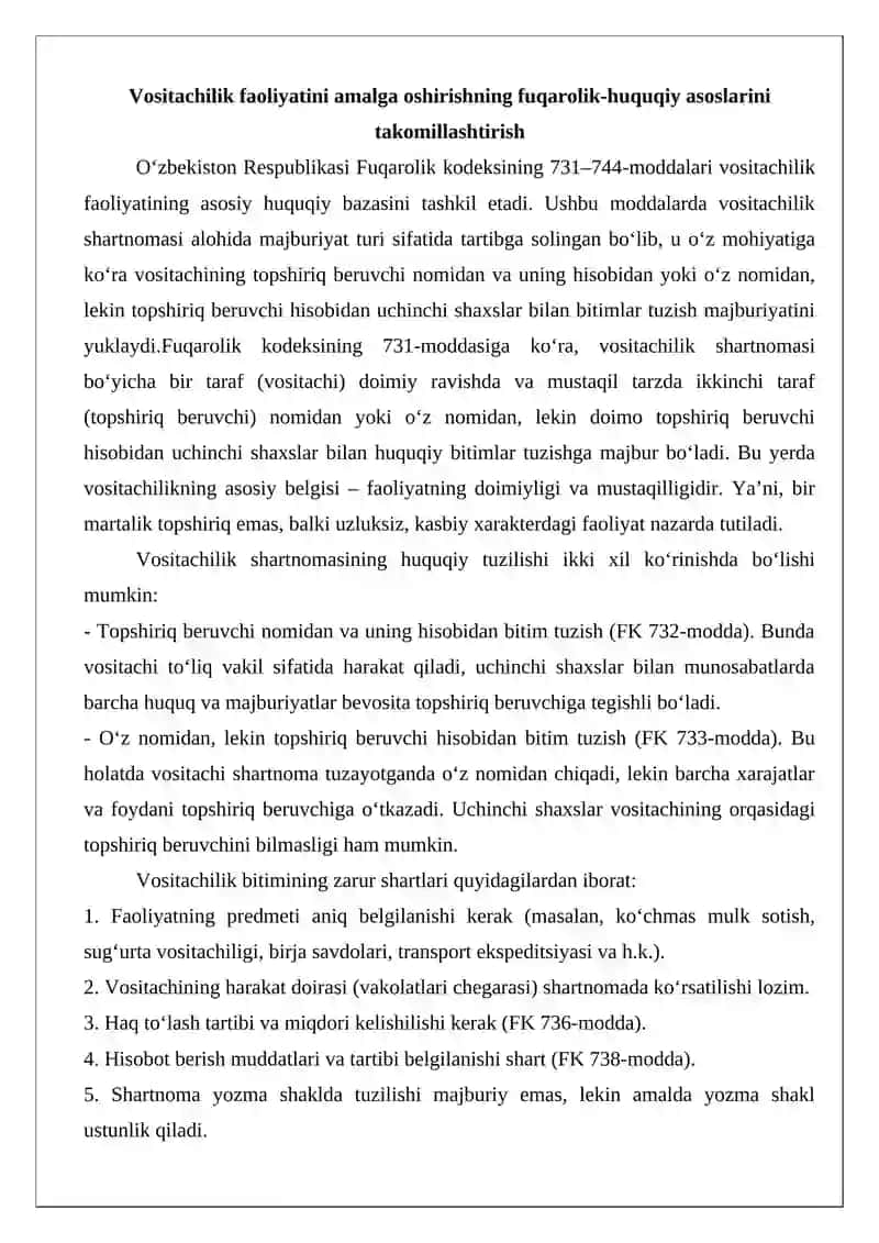 Vositachilik faoliyatini amalga oshirishning fuqarolik - huquqiy asoslarini takomillashtirish 4