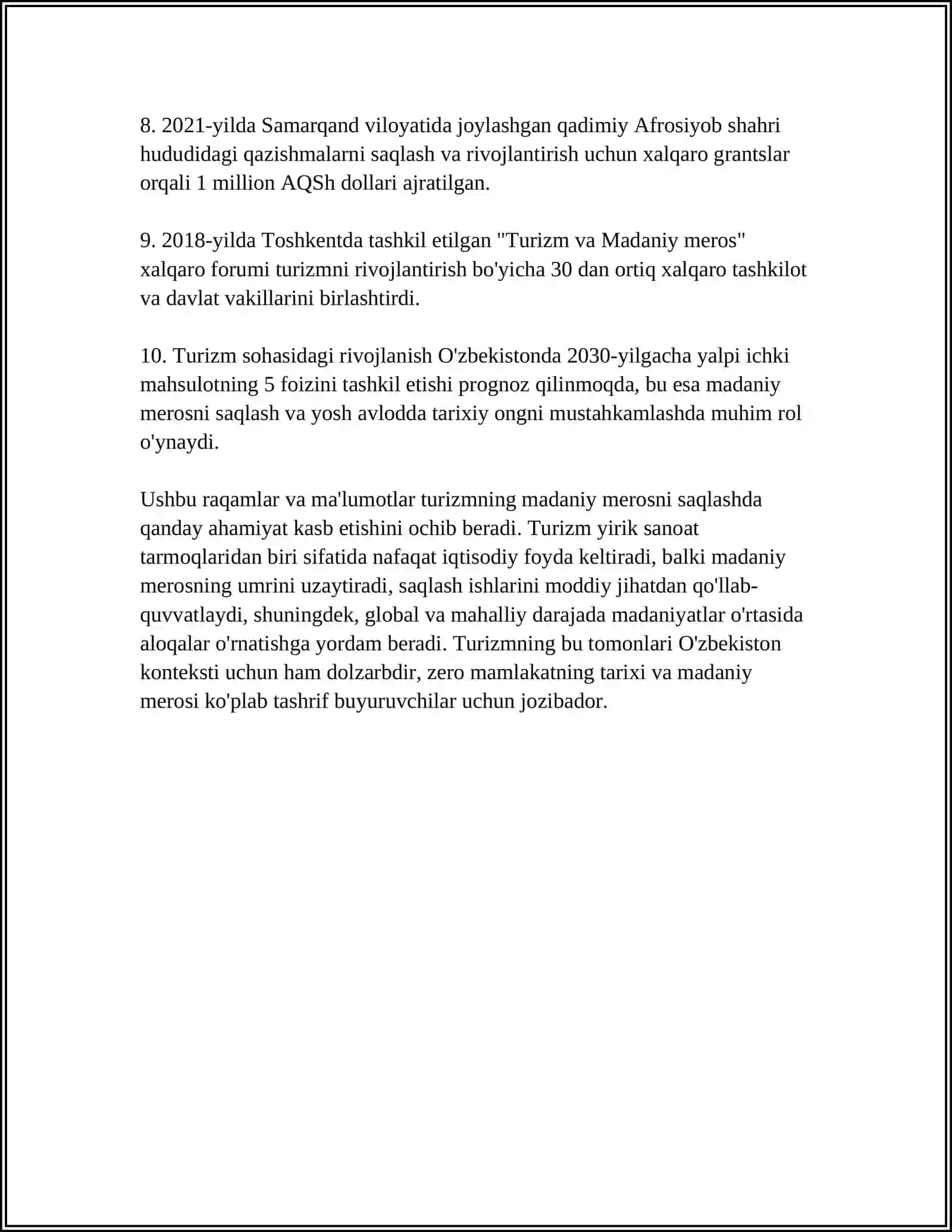 TURIZMDA MADANIY MEROZ MAVZUSIDA MUSTAQIL ISH 4