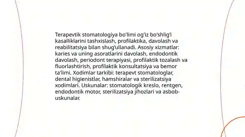 Stomatologiyada davolash va profilaktika muassasalarining asosiy tarkibiy bo’limlari 4