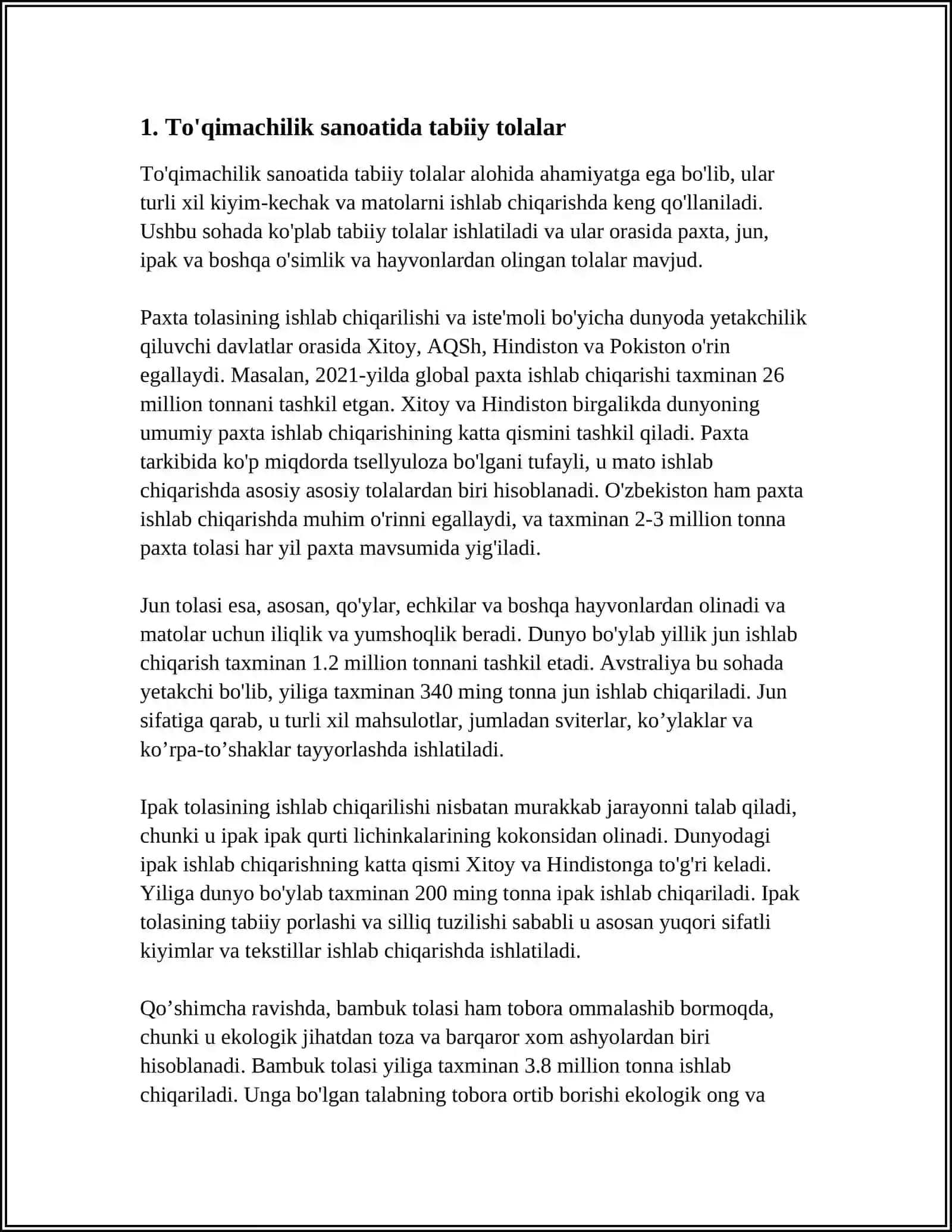TABIIY VA KIMYOVIY TOLALAR.TABIIY TOLALAR-JUN,TABIIY IPAK.KIMYOVIY TOLALAR,ULARNING OLINISHI ISHLATILISHINI OʻRGANISH 4