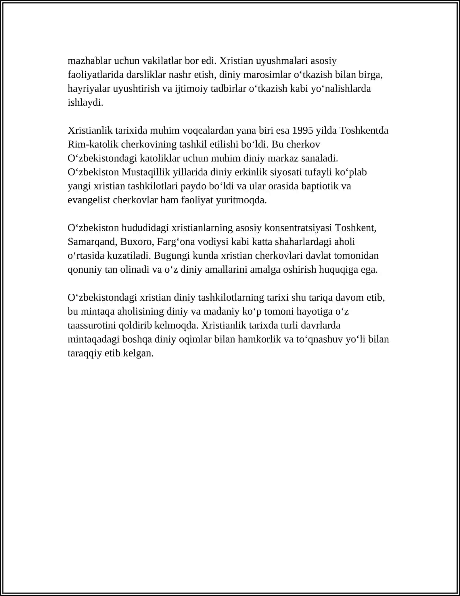 O'ZBEKISTONDAGI XRISTIAN DINIY TASHKILOTLARI VA ULARNING JAMIYAT HAYOTIDAGI O'RNI 4