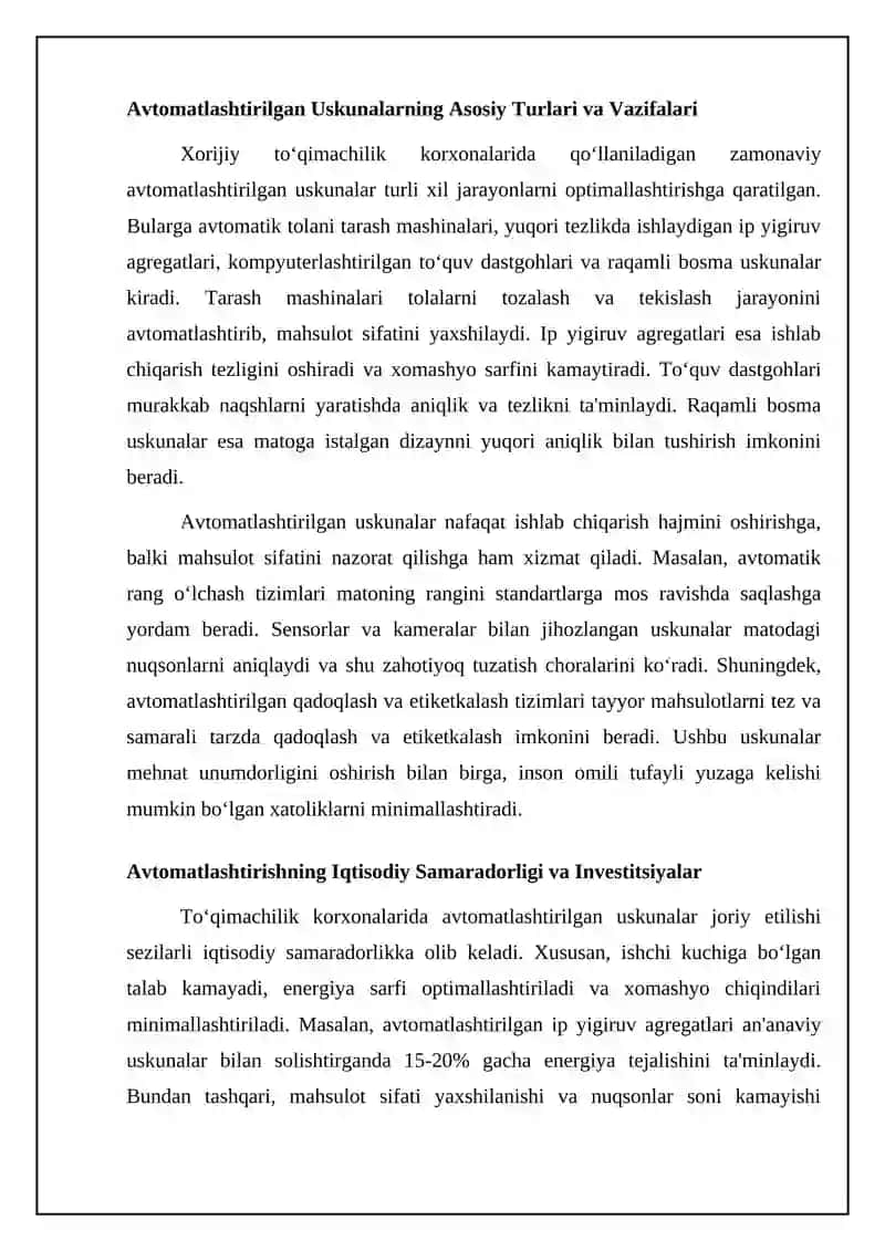 Xorijiy toqimachilik korxonalarida zamonaviy avtomatlashtirilgan uskunalar: Umumiy koʻrinish 4