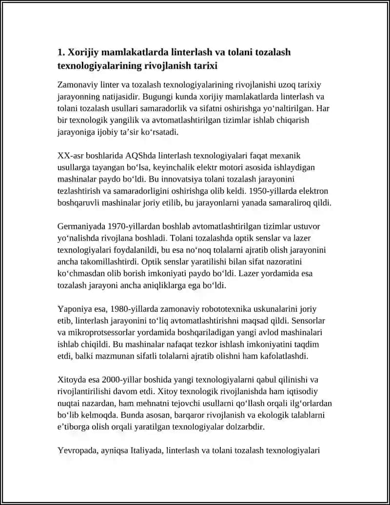 XORIJIY MAMLAKATLARDA LINTERLASH VA TOLANI TOZALASH TEXNOLOGIYALARI – ILG‘OR MASHINALAR, AVTOMATLASHTIRILGAN TIZIMLAR VA ULARNINGAFZALLIKLARI 4