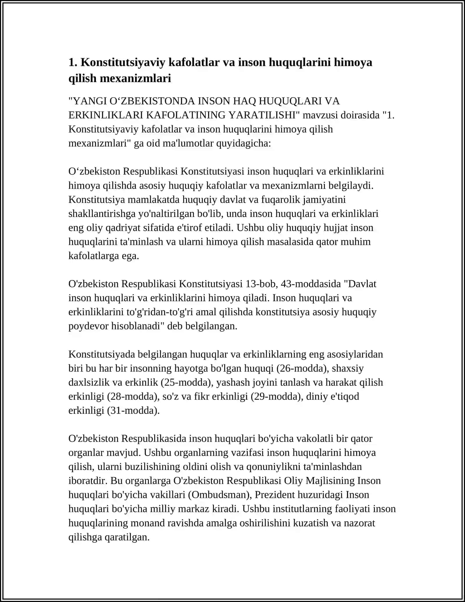 YANGI OʻZBEKISTONDA INSON HAQ HUQUQLARI VA ERKINLIKLARI KAFOLATINING YARATILISHI 4