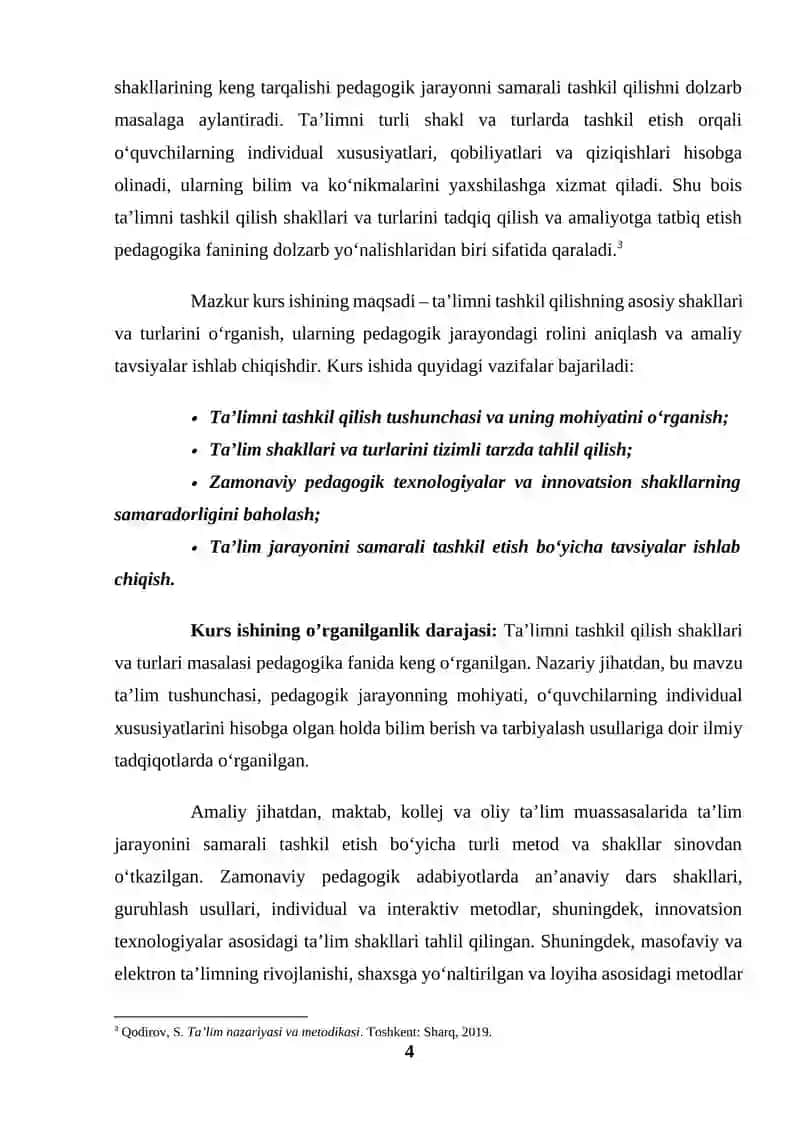 Ta`limni tashkil qilish shakllari va turlari (KURS ISHI) 4