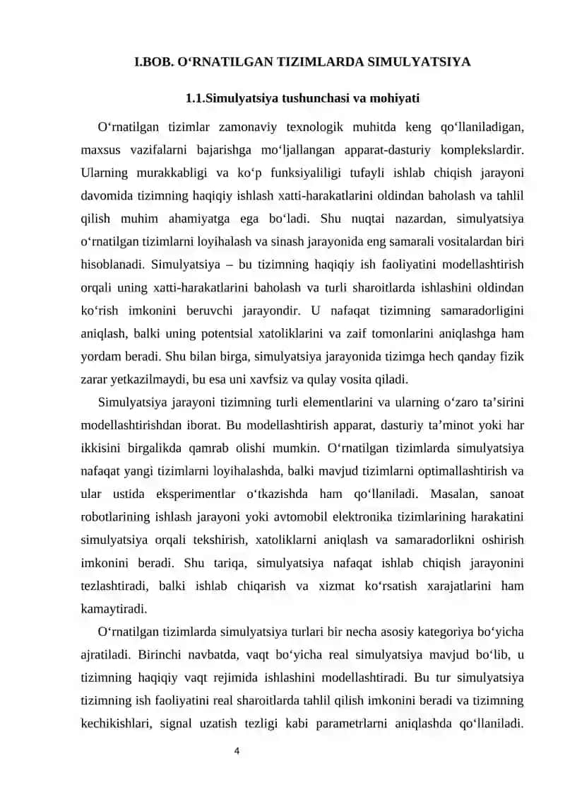 O‘RNATILGAN TIZIMLARDA SIMMULATSIYA VA EMMULATSIYA TURLARI KURS ISHI 4