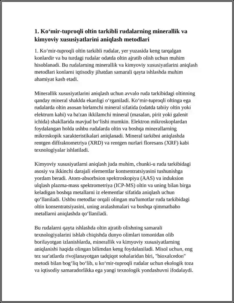 KO‘MIR-TUPROQLI OLTIN TARKIBLI RUDALARNI QAYTA ISHLASH BO’YICHA DOLZARB MUAMMOLAR VA UNI BARTARAF ETISH 4