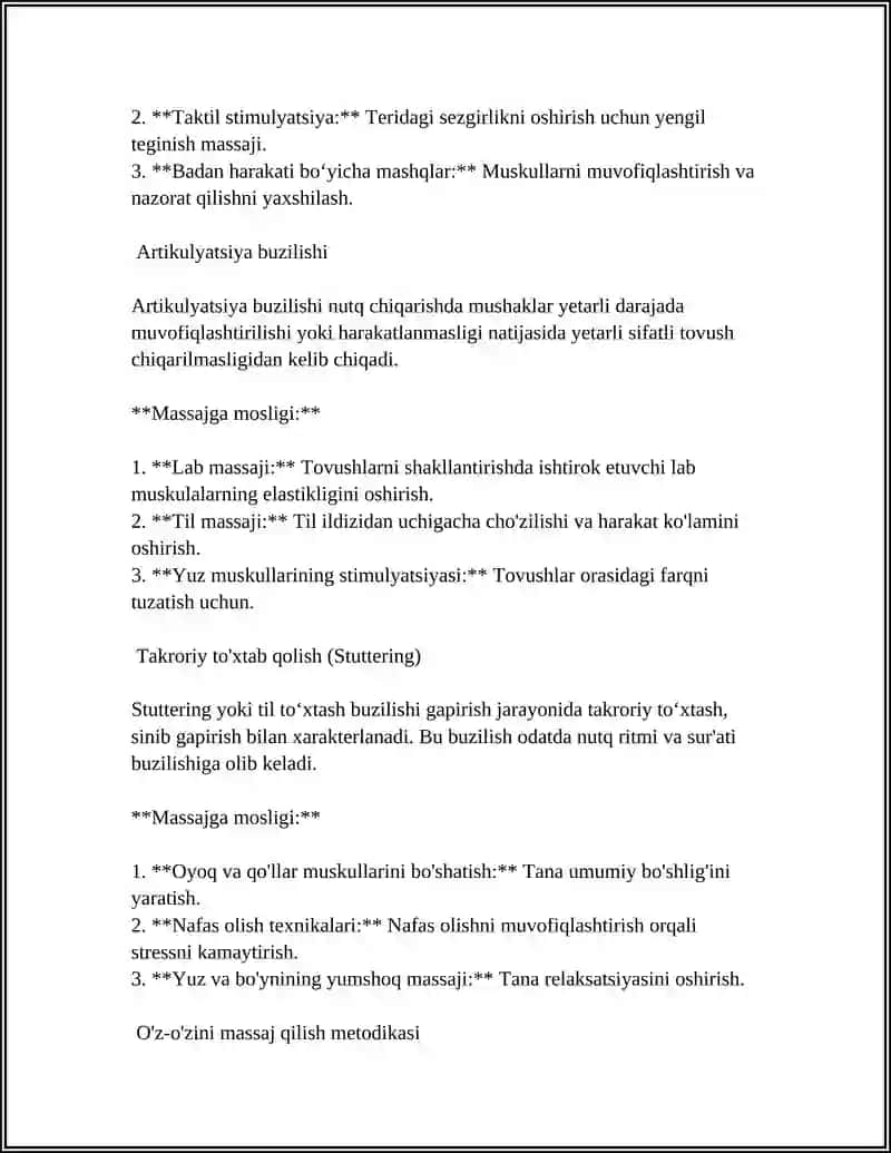 NUTQNING BUZILISHI XUSUSIYATIGA QARAB MASSAJ USULLARINI TANLASH 4