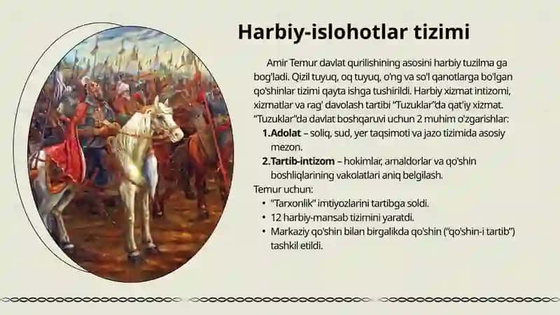 AMIR TEMUR DAVRI DAVLATCHILIGI. O`rta Osiyoning xonliklarga bo`linib ketishi va uning oqibatlari . 4