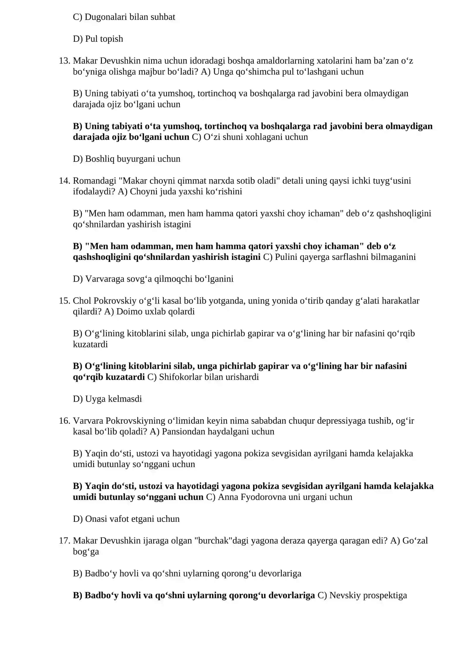 FYODER DOSTEVESKIY "Kambagʻallar" romani boʻyicha TEST 4