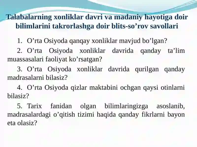 XVIIАSRDАNXIX АSRNING YARMIGАCHА TАRBIYA, MАKTАB VА PЕDАGОGIK FIKRLАR RIVOJI 4