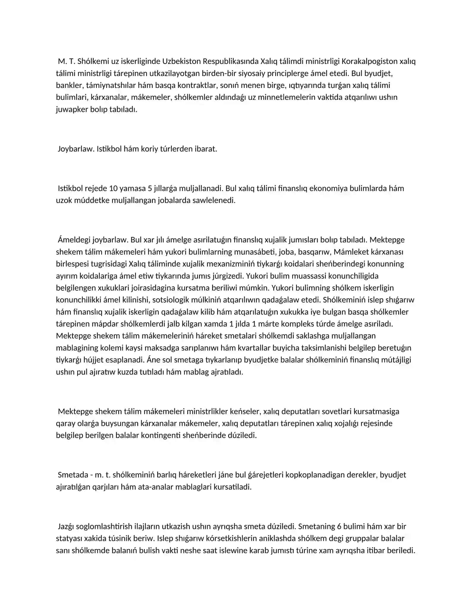 Mektepge shekem tálimdi joybarlaw hám finanslıq támiyinlew 4