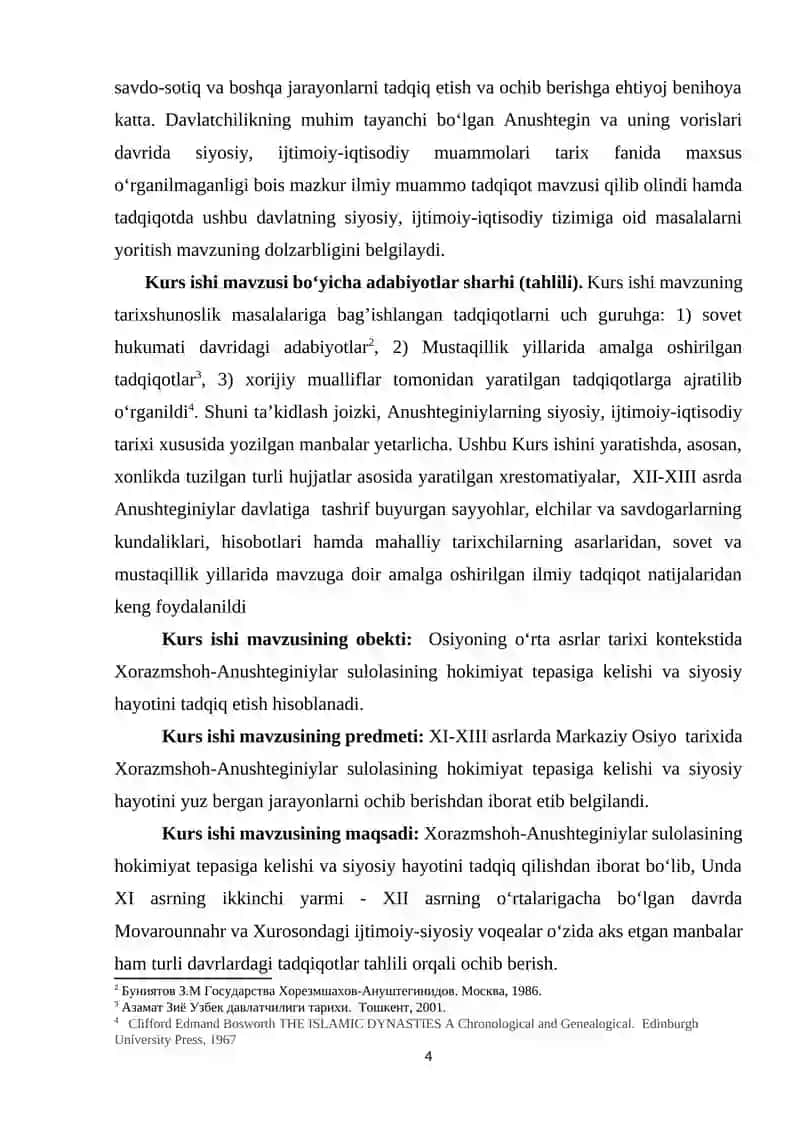 XORAZMSHOH – ANUSHTEGINIYLAR SULOLASINING HOKIMIYAT TEPASIGA KELISHI VA SIYOSIY HAYOTI MAVZUSIDAGI KURS ISHI 4