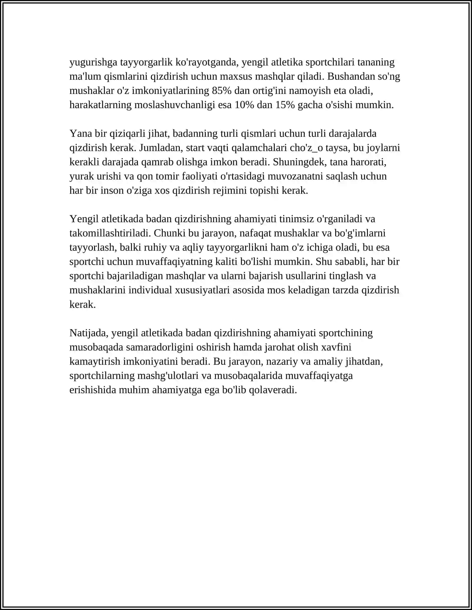 TANLANGAN SPORT TURI BO'YICHA BADAN QIZDIRISH MASHQLARINI TUZISH (YENGIL ATLETIKA) 4