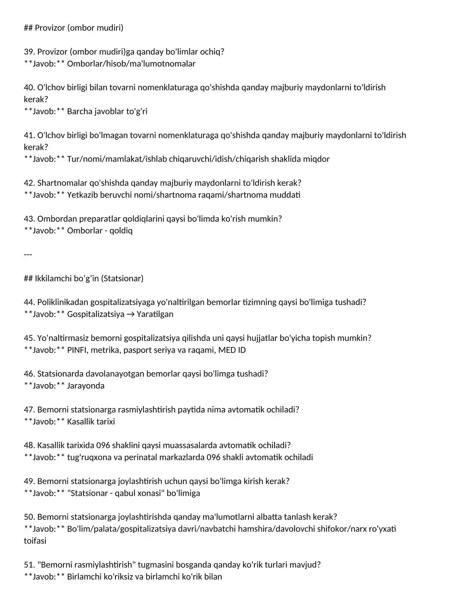 Test savollari DMED boyicha  **bo‘limlar bo‘yicha ajratilgan** holda, har bir savolning **to‘g‘ri javobi bilan** faqat matn sifatida 4
