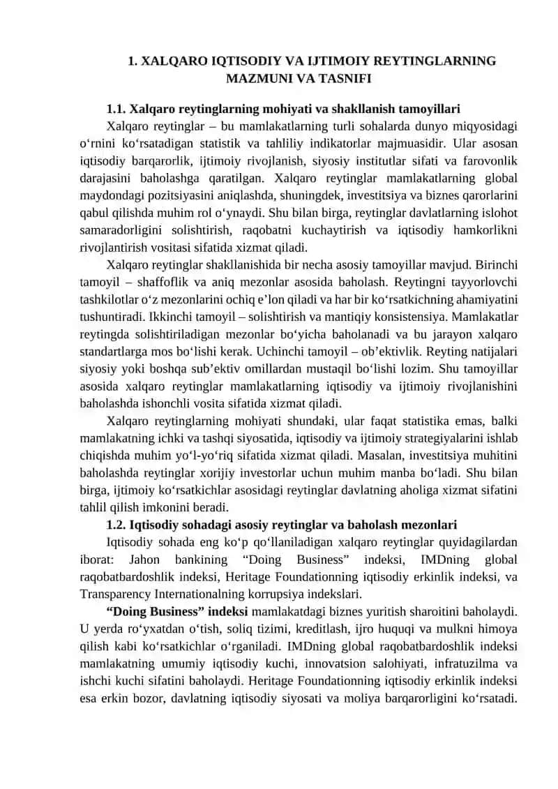 Iqtisodiy va ijtimoiy sohadagi ustuvor xalqaro reytinglar va ularga O‘zbekistonning integratsiyalashuvi 4