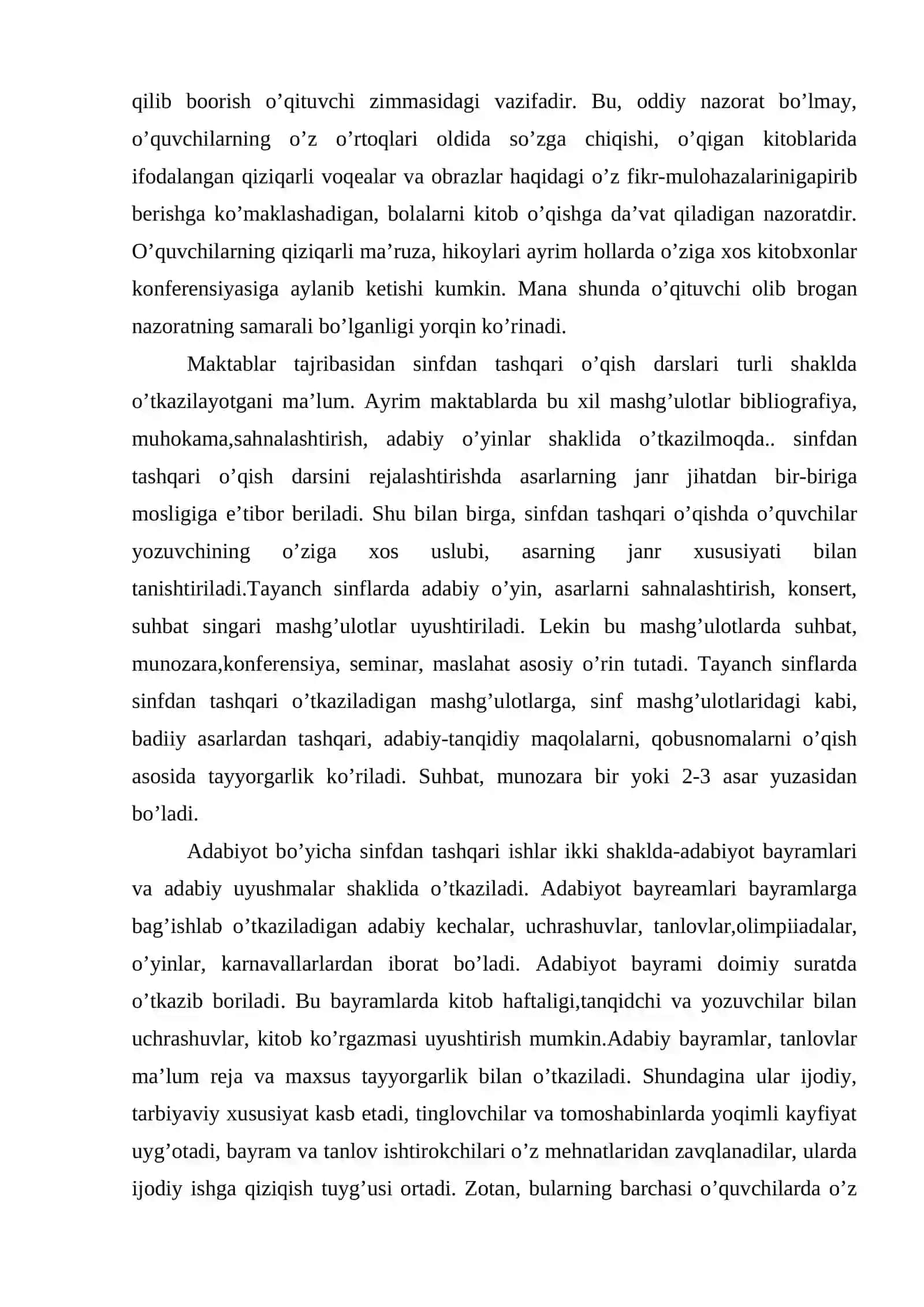 Adabiyot bo’yicha  sinfdan va maktabdan  tashqari ishlar 4