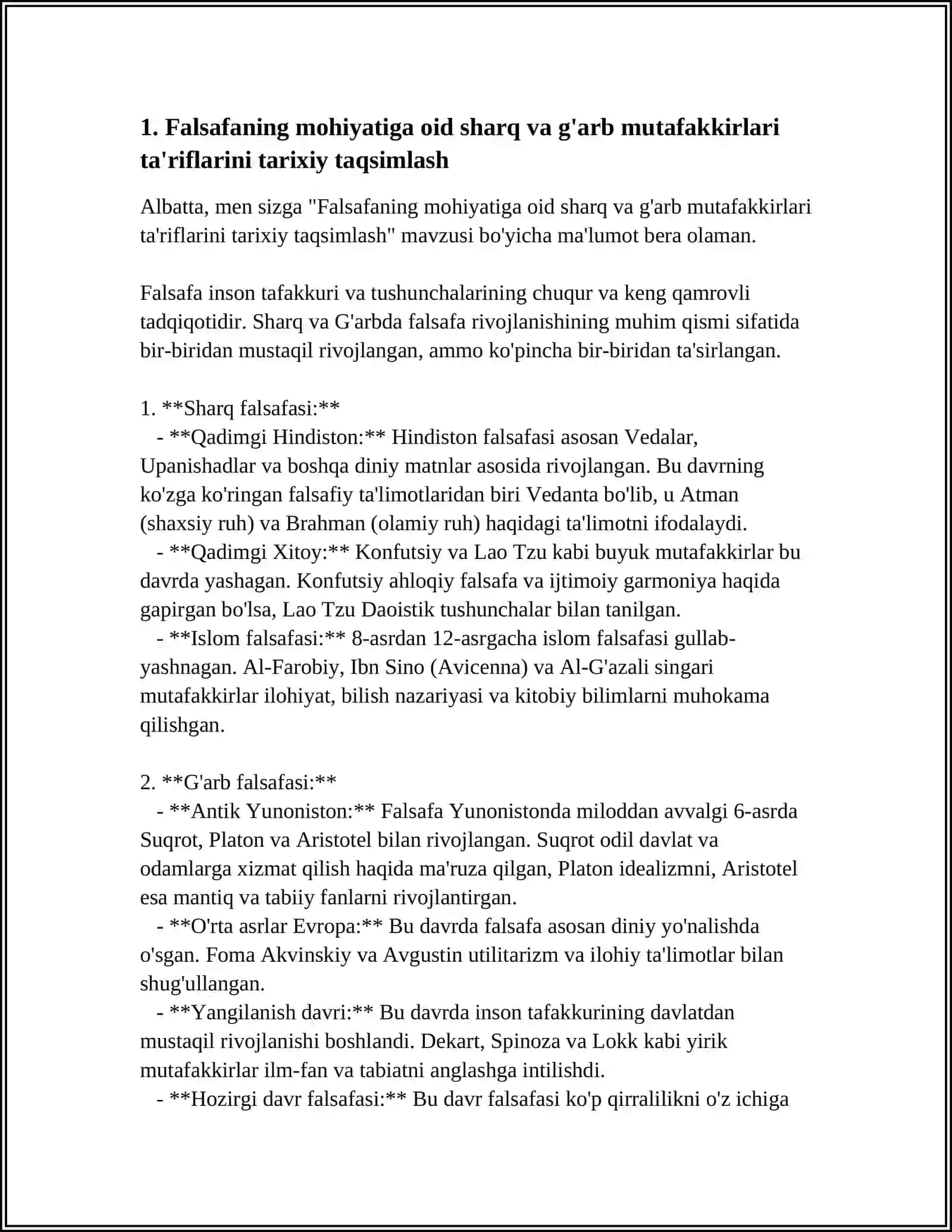 FALSAFANING MOHIYATIGA OID SHARQ VA G'ARB MUTAFAKKIRLARI TA'RIFLARINIINI TASNIFLASH 4