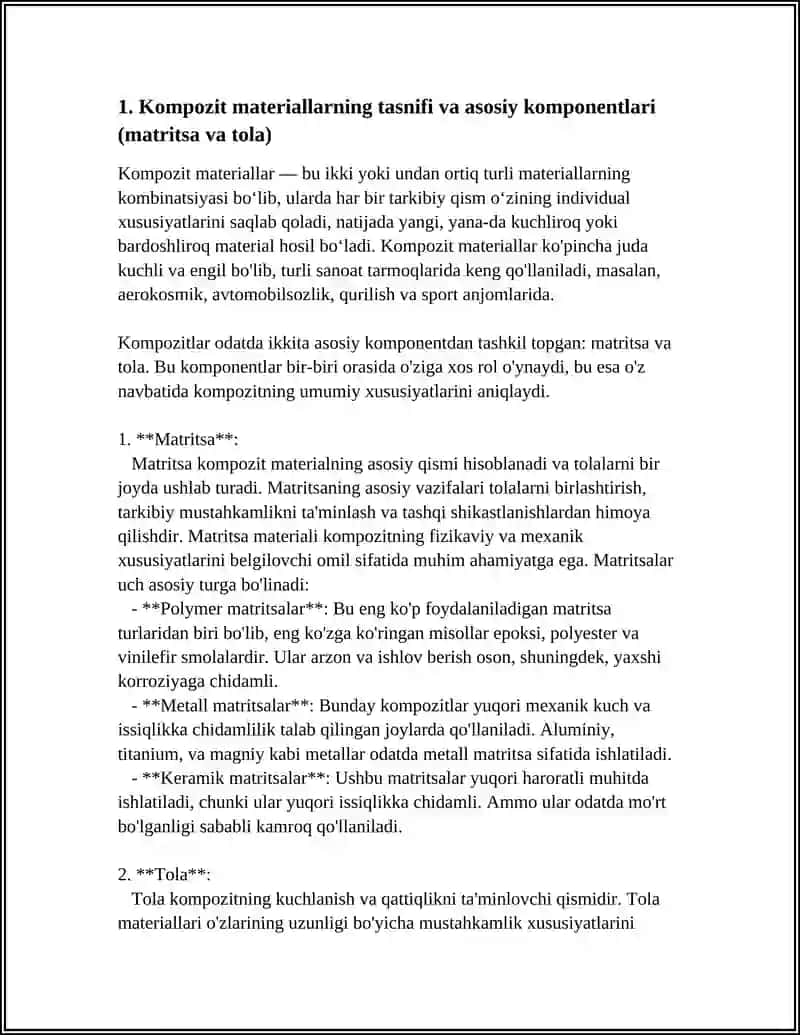 KOMPOZIT MATERIALLARNI OLISH VA QOʻLLANILISHI SOHALARI, ISTIQBOLLARI 4
