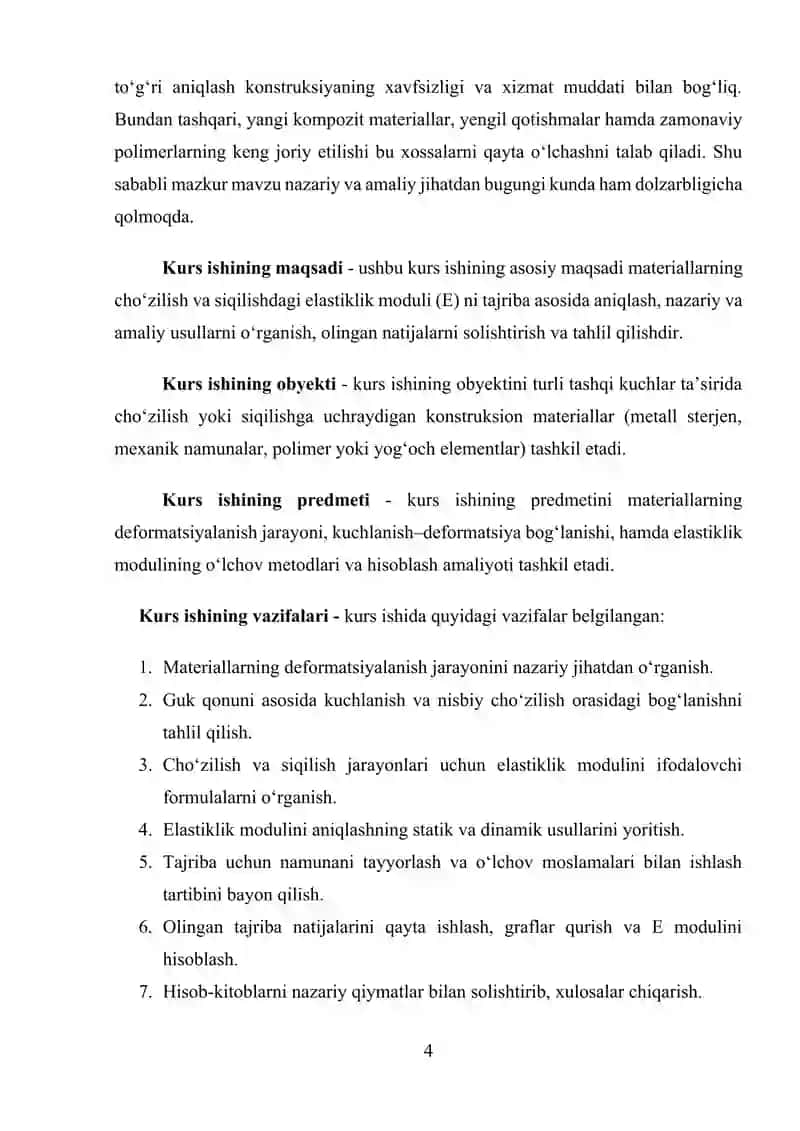 CHO'ZILISH VA SIQILISHDAGI ELASTIKLIK MODULI “E” NI ANIQLASH 4