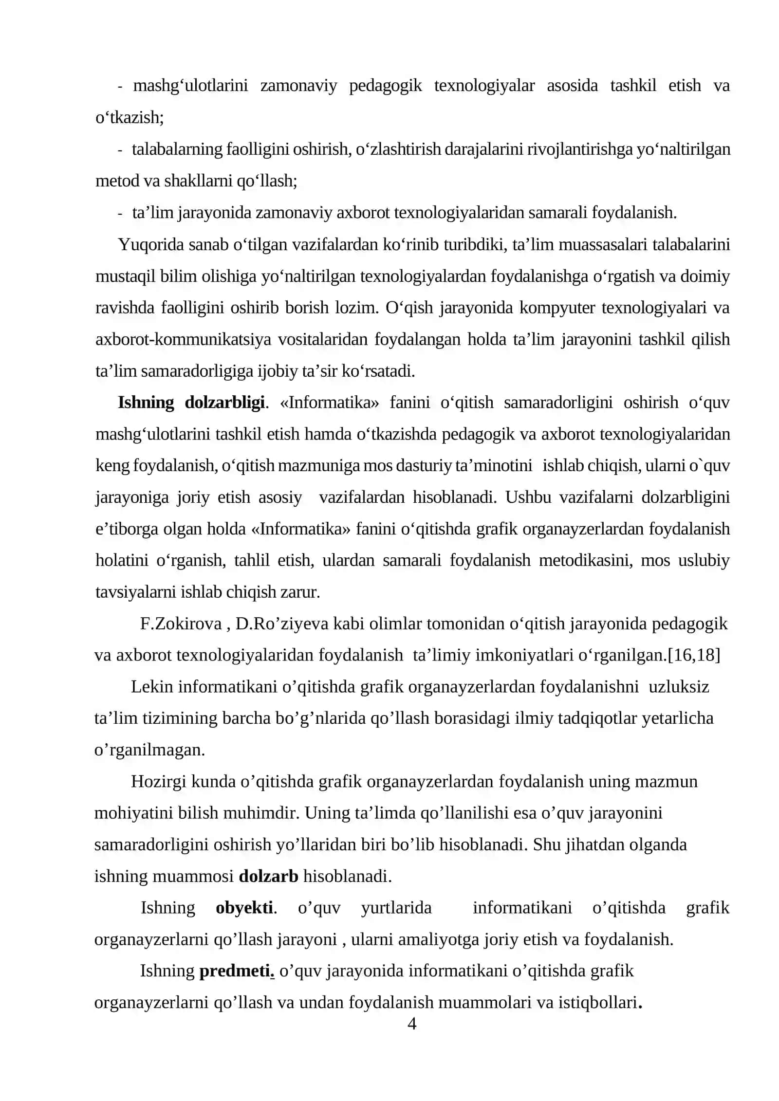 Informatika o’qitishda grafik organayzerlardan foydalanish mavzusidagi BITIRUV MALAKAVIY ISHI 4