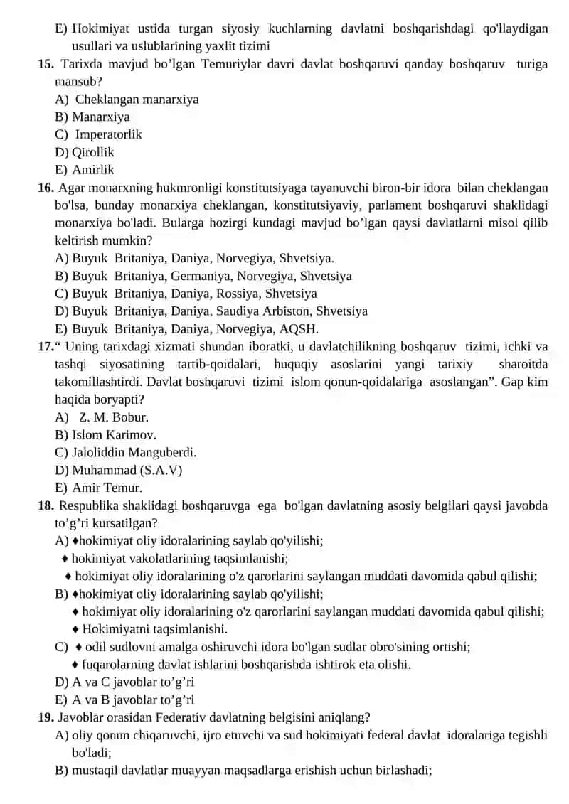 Davlat va huquq asoslari test savolllari 4