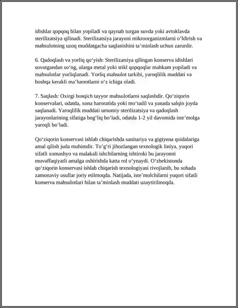 QOʻZIQORIN KONSERVASI ISHLAB CHIQARISH TEXNOLOGIYASI VA TEXNOLOGIK LINYASI HAQIDA 4