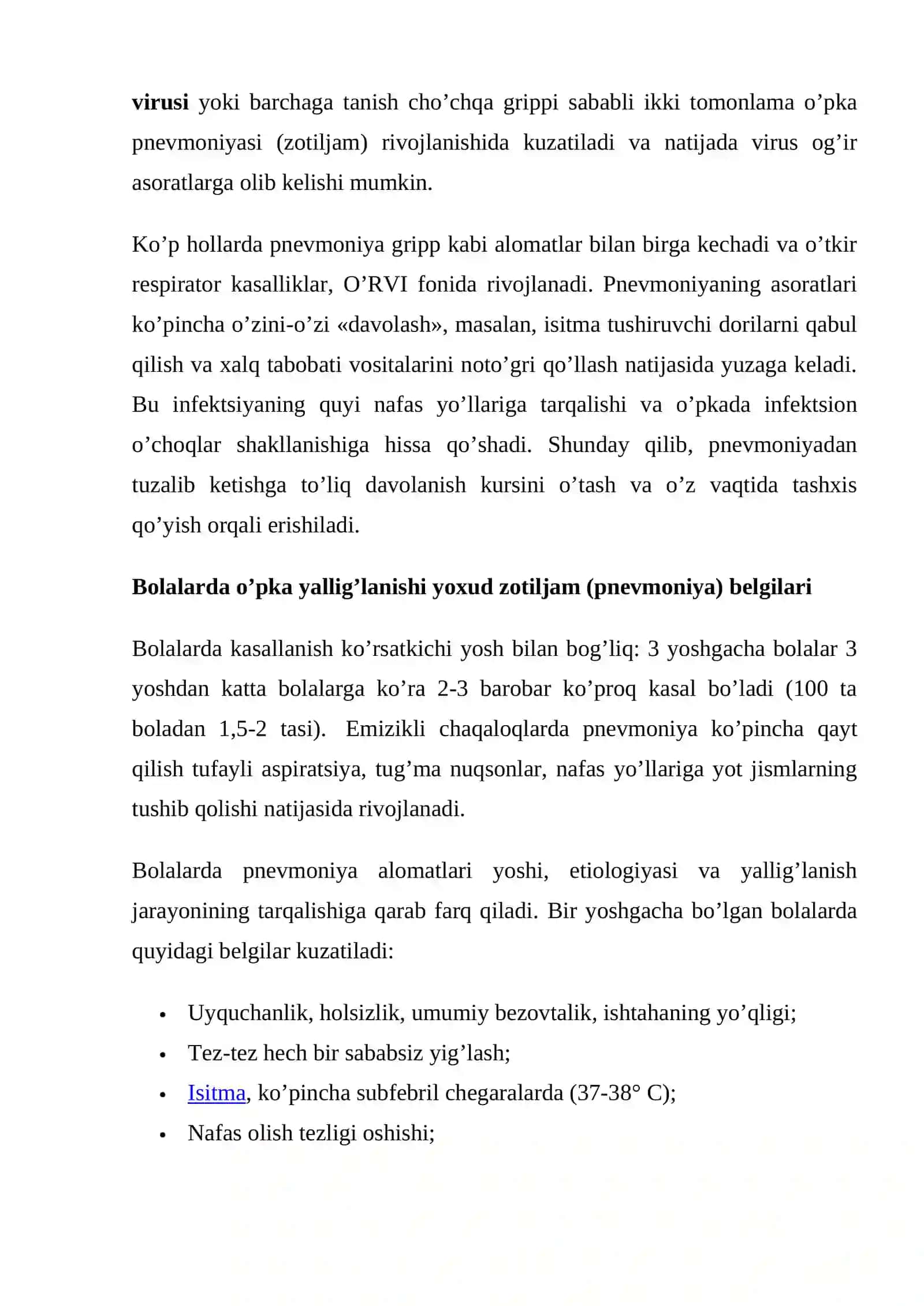 Zotiljam ta’rifi, sabablari. Pnevmoniya (zotiljam) - bolalarda va kattalarda, belgilari va alomatlari, davolash, turlari 4
