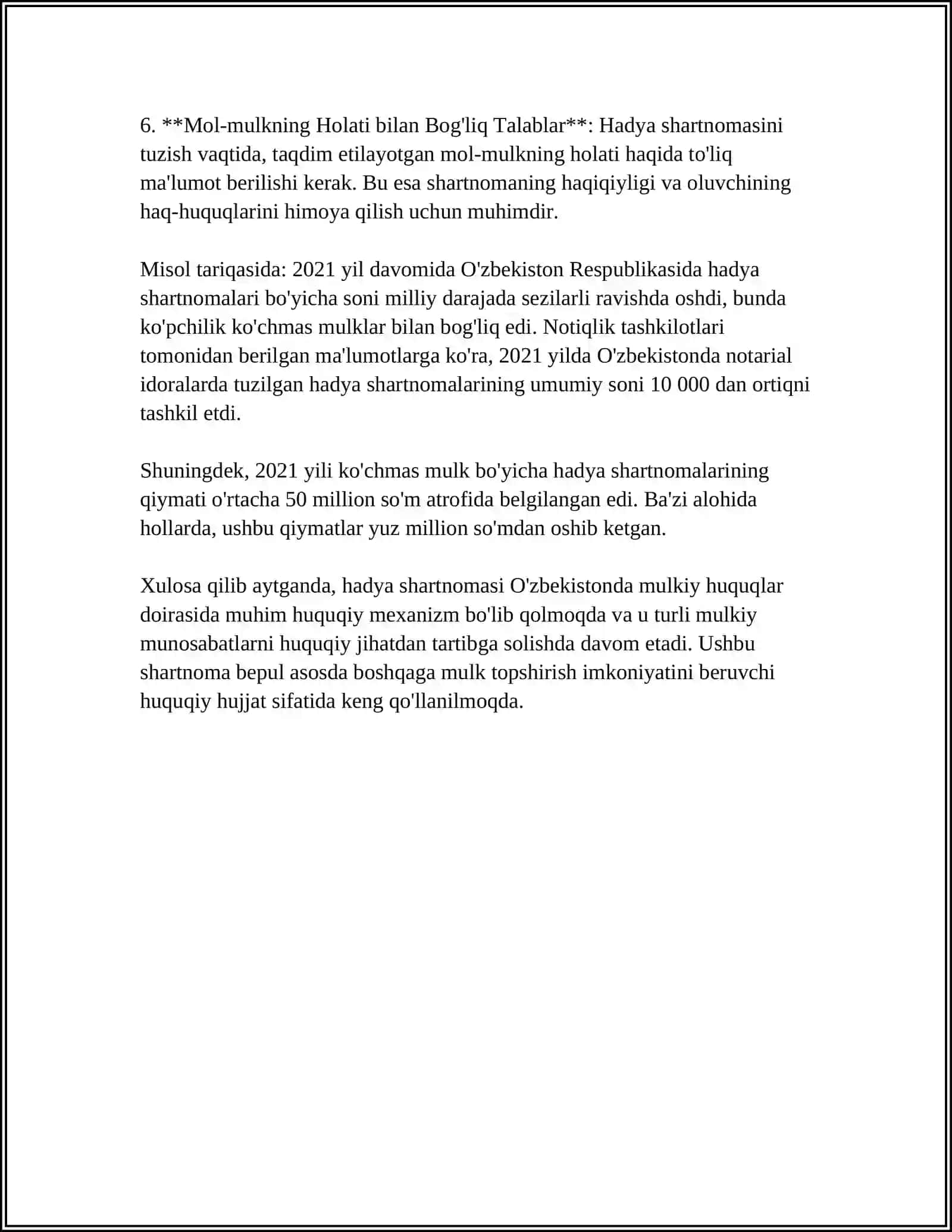 MUSTAQIL ISH Mavzu: HADYA SHARTNOMASI TUSHUNCHASI. HADYA SHARTNOMASI HUQUQIY BELGILARI VA PREDMETI 4