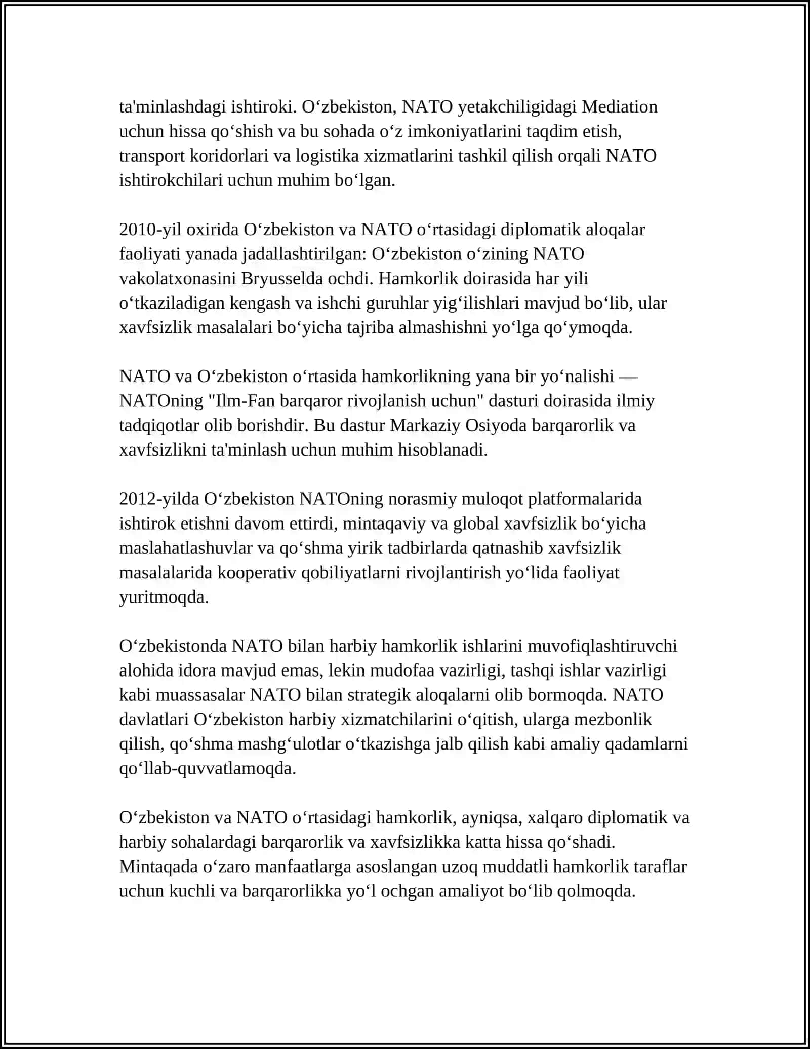 O'ZBEKISTON RESPUBLIKASINING NATO BILAN ALOQALARI HAQIDA 4