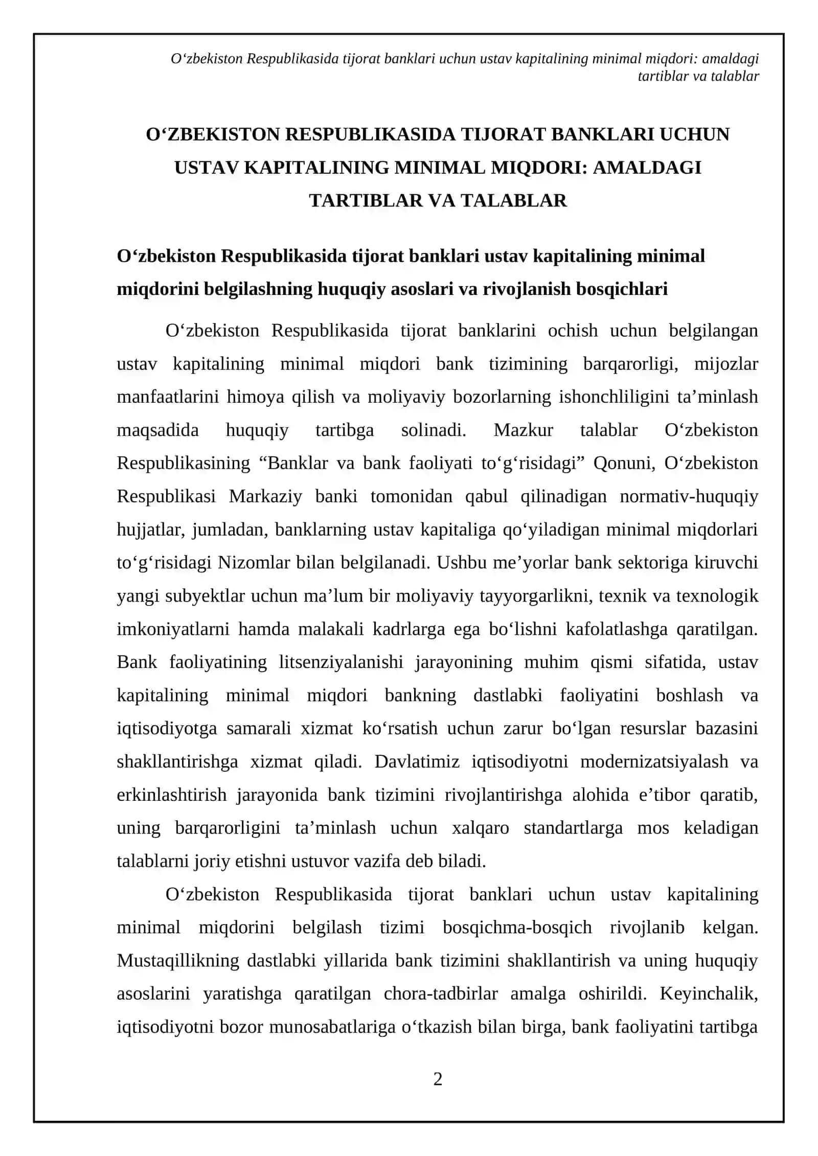 Tijorat banklarini ochish uchun ustav kapitalining minimal miqdori talablar boʻyicha mahalliy horijiy amaliyot, qiyosiy tahlili 4