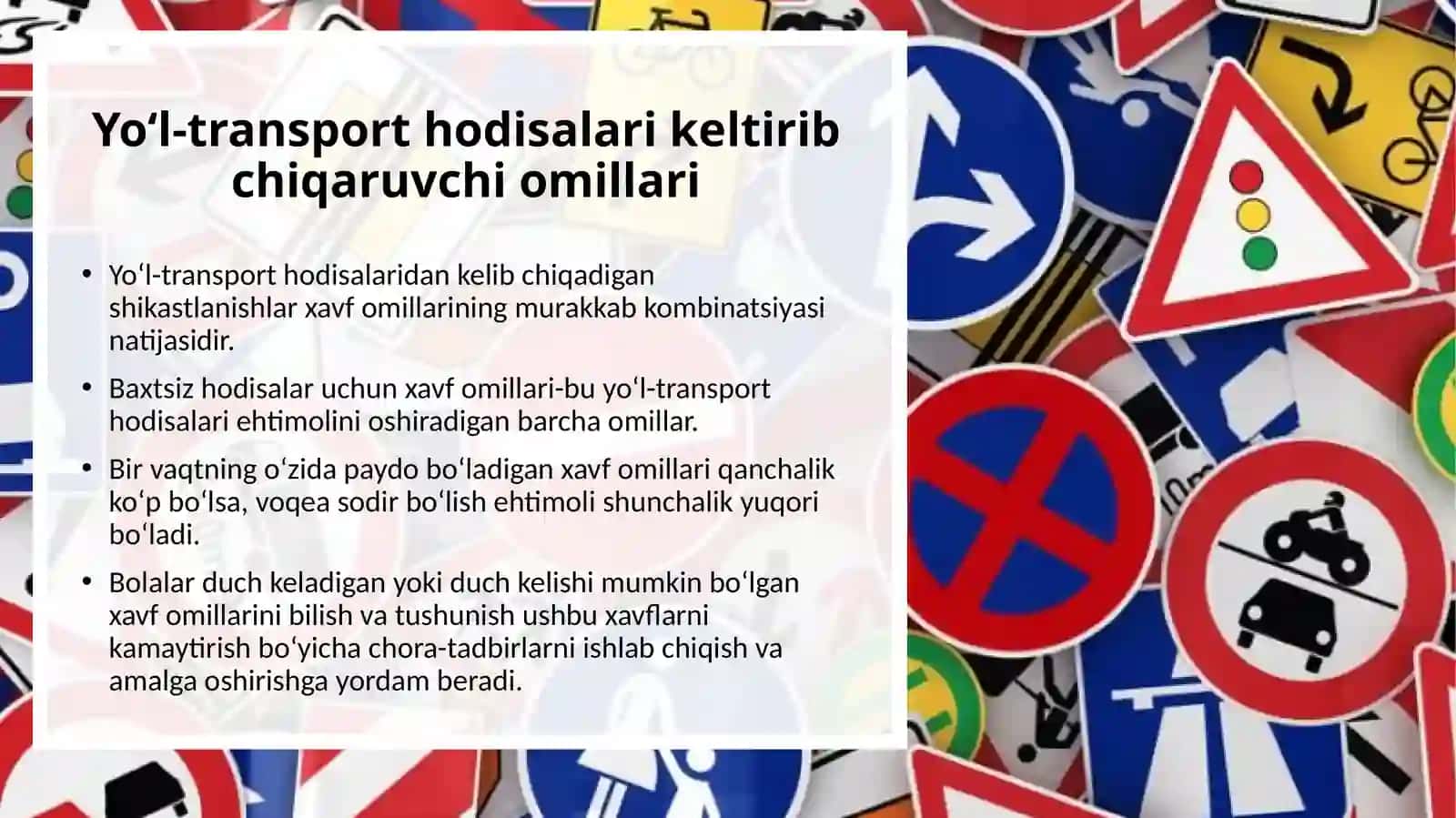 Yo‘l-transport hodisasiga sabab bo‘luvchi omillar. Bolalar bilan bog‘liq yo‘l-transport hodisalarining sabablari. Baxtsiz hodisalarni oldini olish 4