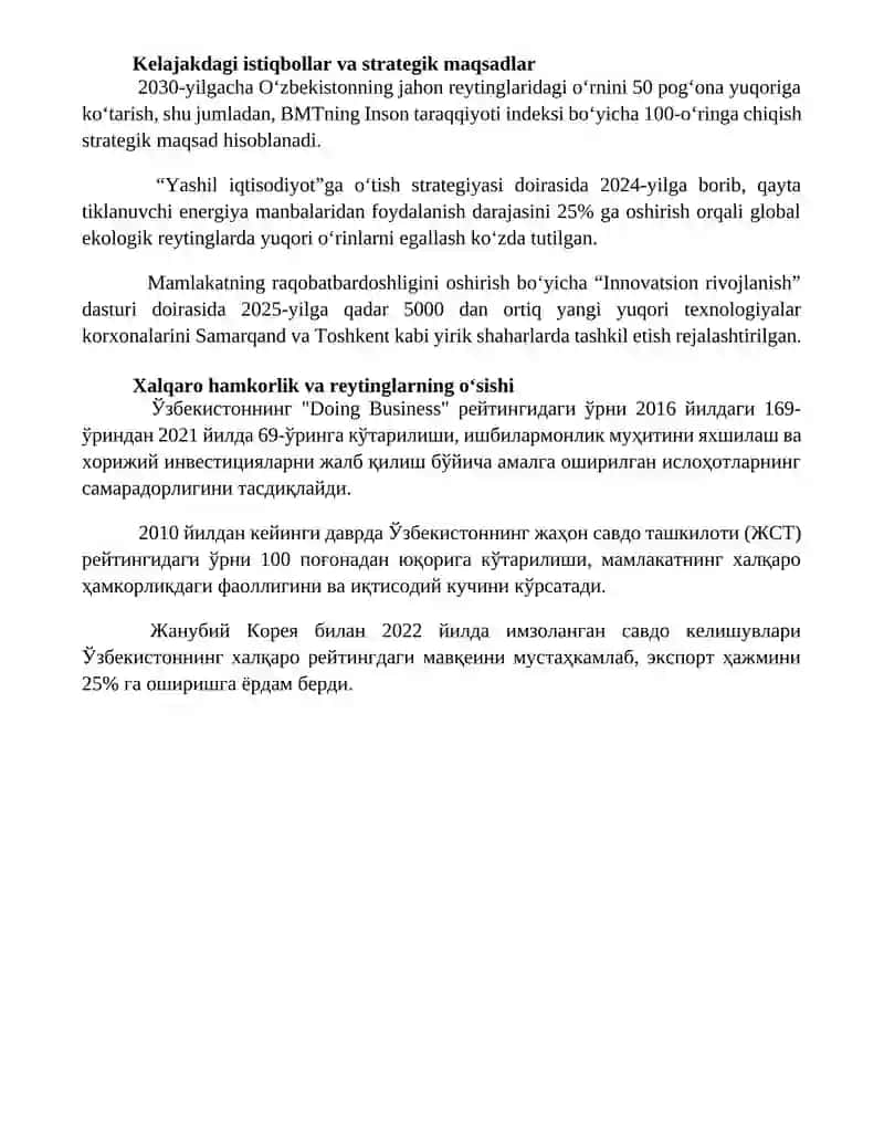 O'zbekistonning xalqaro reytinglardagi ko'rsatkichlarini ko'tarishning tarixiy, siyosiy ahamiyati 4